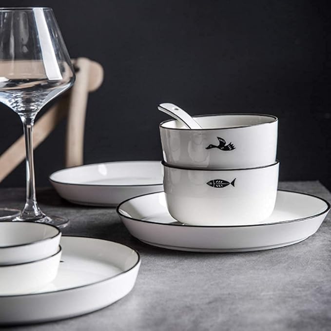 Dinnerware Sets - Luxury Dishes Service Set Ceramics Dinner Sets 26 Pieces Black Han Stroke Porcelain Dinner Plates - Bowl/Dish/Spoon | Microwave Safe