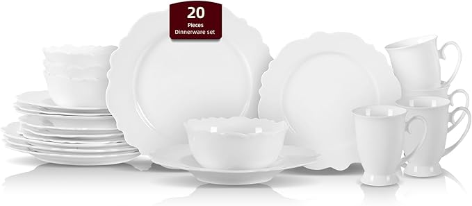 HomeVss New Bone China Dinnerware Set Embossed Winds Service for 4-20pc Set