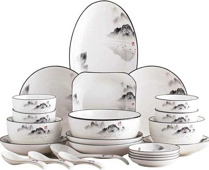 Porcelain Dinnerware Sets Plates and Bowls Sets 60-Piece Dinnerware Set Chinese Style Porcelain Set Dinner Dishes Set Plates/Bowls/Spoons and Soup Pot Service for 12