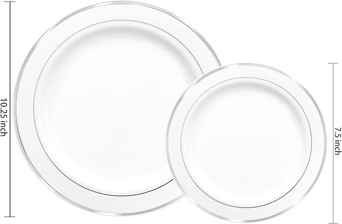 I00000 102pcs Silver Plastic Plates Disposable Plastic Party Plates with White Silver Rim Fancy Wedding Party Plates Include 51 Dinner Plates 10.25 and 51 Dessert Appetizer Plates 7.5