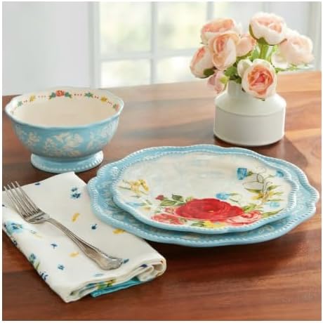 Stunning Sweet Rose Stoneware 12-Piece Dinnerware Set (Blue)