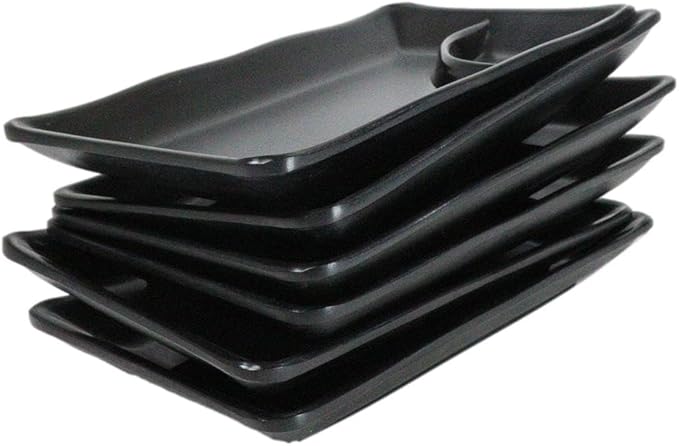 Ebros Gift Contemporary Ridged Matte Black Melamine Series Dinnerware Serveware Kitchenware Set Japanese Chinese Restaurant Supply (Pack Of 6 Rectangular Sushi Appetizer Entree Partitioned Plates)