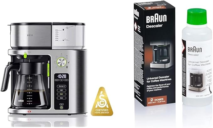 Braun MultiServe Coffee Machine 7 Programmable Brew Sizes / 3 Strengths + Iced Coffee &amp Hot Water &amp BRSC013 Descaling Solution 6.8 Fl Oz (Pack of 1)