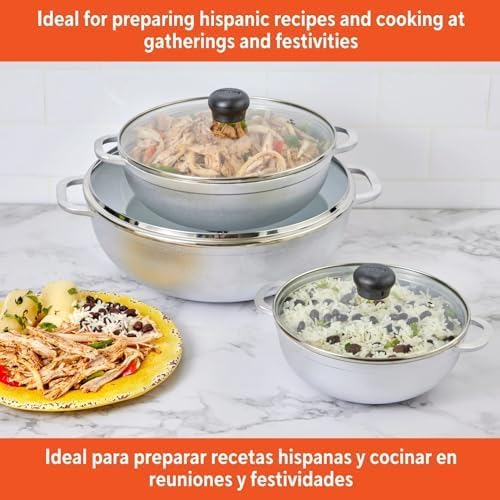 Cast Aluminum 3-Piece Cookware Set with Glass Lids 1.5qt 2.5qt 5.2qt (18cm 22cm 28cm)Non Stick Pot for Stew and Soup Cooking ﻿