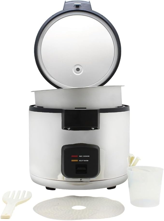 TrueCraftware- 33 Cup Electric Rice Cooker and Warmer with Stainless Steel Body &amp Hinged Stainless Steel Lid Warmer Plastic White Rice Spoon - Makes Soups Stews Grains Hot Cereals Commercial Rice