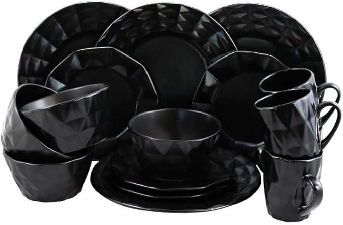 Retro Chic 16-Piece Glazed Dinnerware Set Dishes and Plates Sets Round Tableware Sets