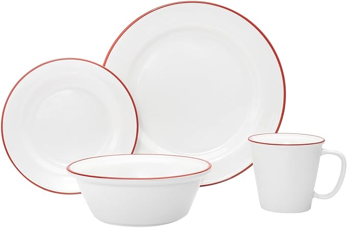 Bistro Red Rim Porcelain 16 Piece Dinnerware Set Service for 4 Solid Country Round 12 Dishwasher Safe