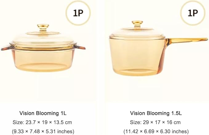 Visions Glass Ceramic Cookware Set 1L + 1.5L – Transparent Heat-Resistant Glass Pots with Lid Easy-Grip Handle &amp Multi-Stovetop Compatibility