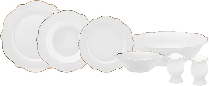 KARACA Daisy Gold Wave Shape Boat 27-Piece Porcelain Crockery Set for 6 People - Serving Plates Cake Plate Bowls Deep Plate - Daily and Special Tableware