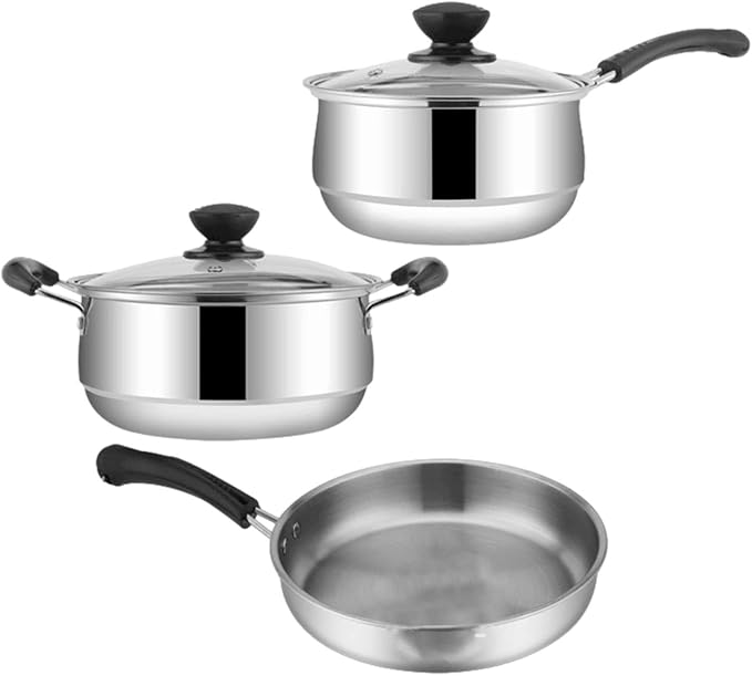 Non Stick Pots And Pans Set - 3pcs Stainless Kitchen Cookware Panels Frying Sauce Pan Rack Durable Cooking Display Cookware Pack Pro Gear Set | Home Kitchen Stove For Simmering Sauteing Frying Use