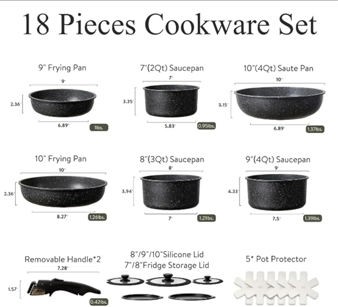 18Pcs Black Removable Handle Pots Pans Set Induction Kitchen Oven Safe Sets Non Stick Detachable Cookware SetWhite 18Piece SetA-White 18-Piece Set-A
