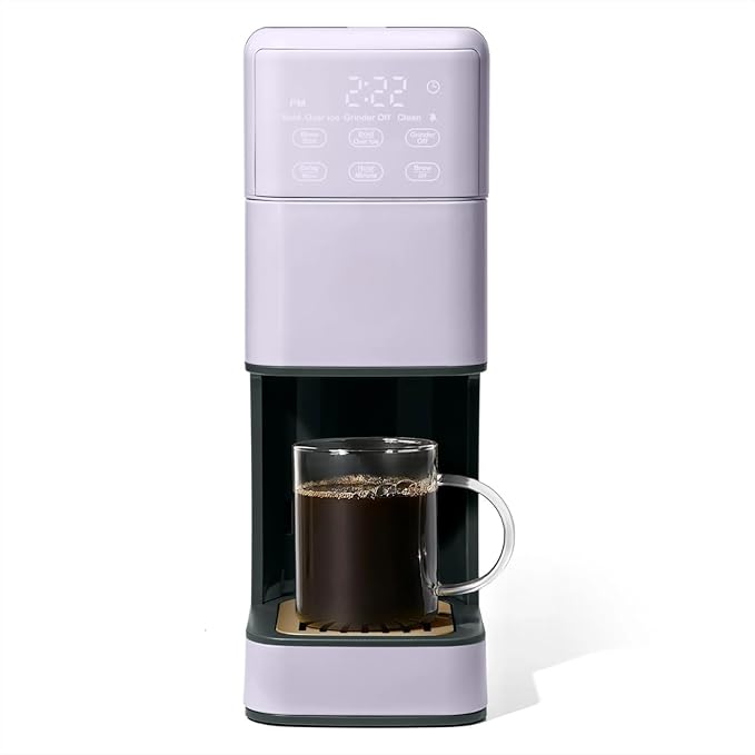 Perfect Grind Single Serve Coffee Maker built-in grinder 6 sizes 3 strengths pod-free reusable filter 64oz reservoir touch display hot &amp iced brew. (Lavender)