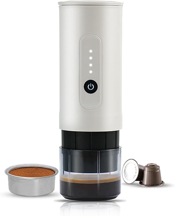 Portable Electric Espresso Machine Travel Coffee Maker Portable Electric Coffee Grinder with USB-C with Ground Coffee NS Capsule 2000mAh Battery for RV Hiking Office(白)