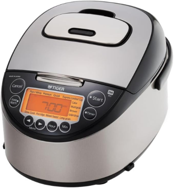 Tiger JKT-D10U Rice Cooker Bundle with Bamboo Spoon Rice Washing Bowl with Side and Bottom Drainers and Rice Container Bin (4 Items)