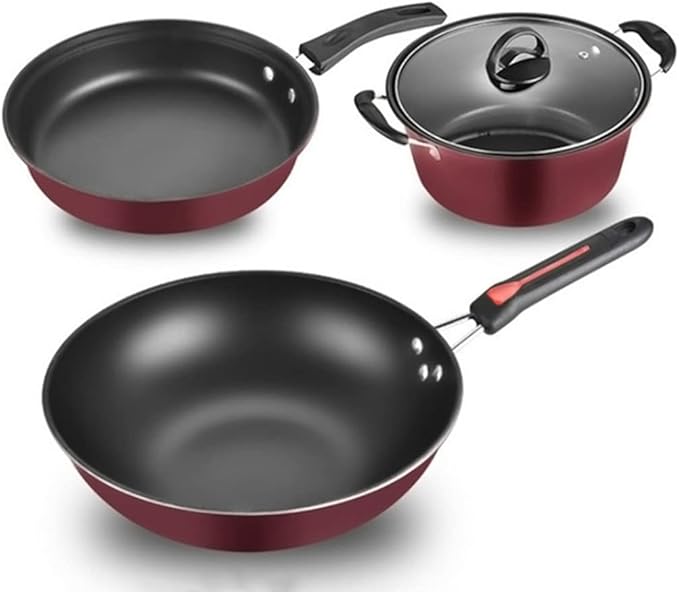 3 pcs Kitchen Cookware Set Flat Bottom Frying Pan Saucepan and Soup Pot Kit Multifunction Utensil Sets with Lids