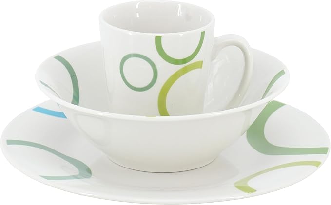 12-Piece Ceramic Dinnerware Set for 4 – White Round Plates Bowls &amp Mugs with Green Loops – Microwave &amp Dishwasher Safe Tableware Set (White &amp Green)