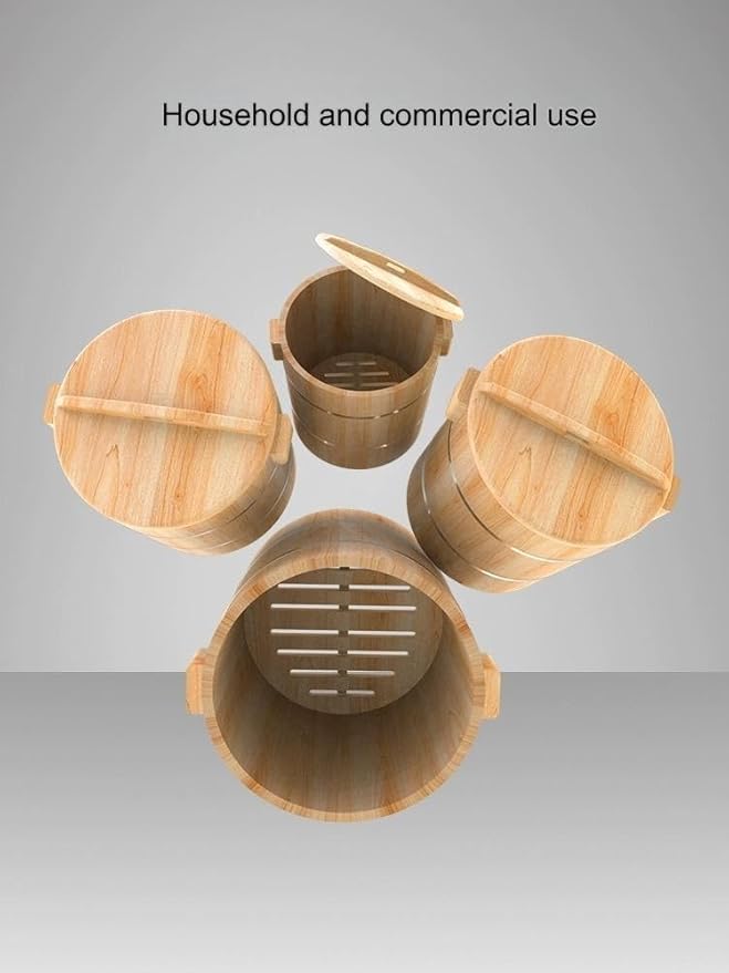 Wooden Rice Barrel Rice Steaming Barrel Rice Mixing Barrel Wooden Storage Barrel Rice Cooking Barrel with Lid for Home Restaurant(33 * 30 * 28cm)