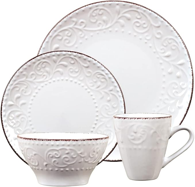 16 Piece Stoneware Scroll Dinnerware Set White