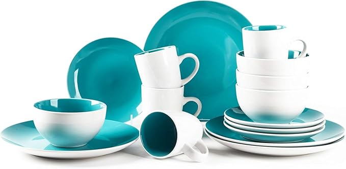 Stoneware Coupe Shape 16pc Dinnerware Set Outside White + Inside Turquoise