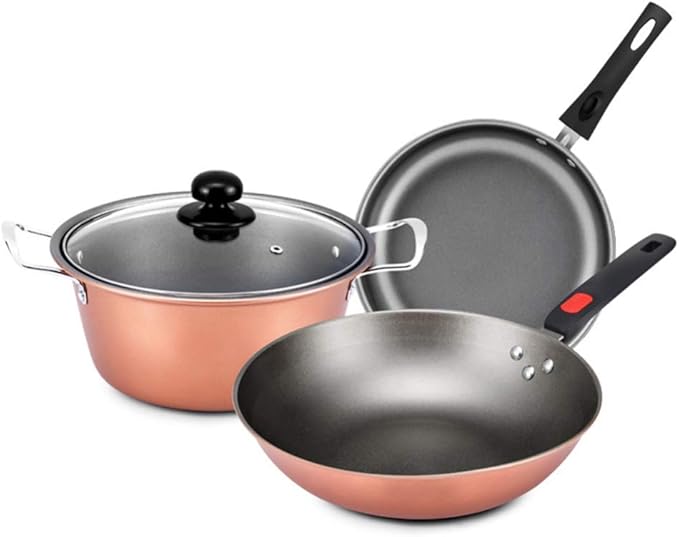 Cookware 3-Pie Non-Stick pan Cookware Uncoated Kitchen Set pan with Comfortable Handle Suitable for Gas Induction Cooker Easy to Clean Cookware Set