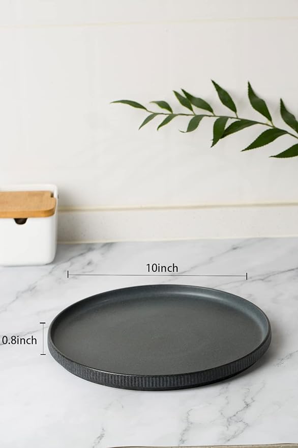 famiware 8.25 Paste Bowl Set (4 Piece) and 10 Dinner Plates for 6 - Matte Dark Charcoal