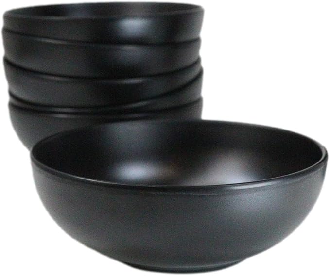 Ebros Gift Contemporary Ridged Matte Black Melamine Series Dinnerware Serveware Kitchenware Set Japanese Chinese Restaurant Supply (Pack Of 6 Round Soup Appetizer Rice Shallow Bowls 16oz)