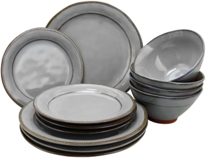 12-Piece Terracotta &amp Stoneware Dinnerware Set – Hand-Painted Artisanal Plates &amp Bowls Reactive Glaze Finish Dishwasher &amp Microwave Safe (Gray)