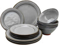 12-Piece Terracotta &amp Stoneware Dinnerware Set – Hand-Painted Artisanal Plates &amp Bowls Reactive Glaze Finish Dishwasher &amp Microwave Safe (Gray)