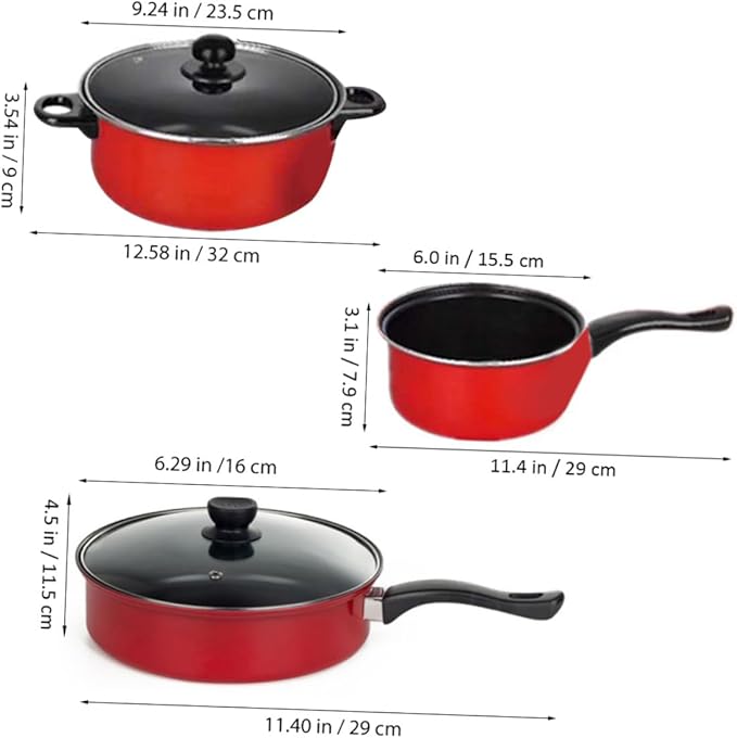 BESPORTBLE 3pcs Non-stick Frying Pan Soup Pot Milk Pan Set Kitchen Cookware for Home Cooking Daily Use Red Multifunctional Cooking Tool