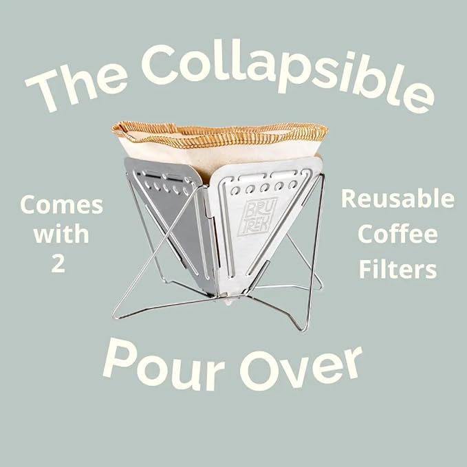 Planetary Design BruTrek Collapsible Pour Over Camping Coffee Maker - Stainless Steel Pour Over Reusable Cotton CoffeeSock Filters Canvas Carrying Bag Compact Lightweight Design