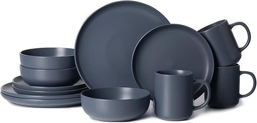 12-Piece Stoneware Dinnerware Set for 3 - Chip-Resistant Plates Bowls &amp Mugs Premium High-Density Stoneware Dishwasher &amp Microwave Safe Stackable Space-Saving Design with Matte Glaze(Blue)