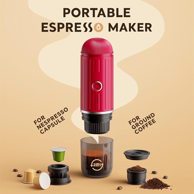 BENFUCHEN Portable Electric Espresso Machine Travel Coffee Maker for Camping On the Go Car Coffee Maker Self-Heating with USB-C With Ground Coffee &amp N Espresso Capsule for RV/Hiking/Office Red