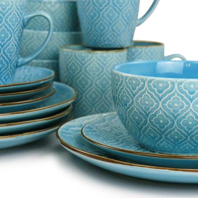 16 Piece Embossed Stoneware Dinnerware Set in Teal Round Dish Set Plate Bowl Water Cup Dish Set