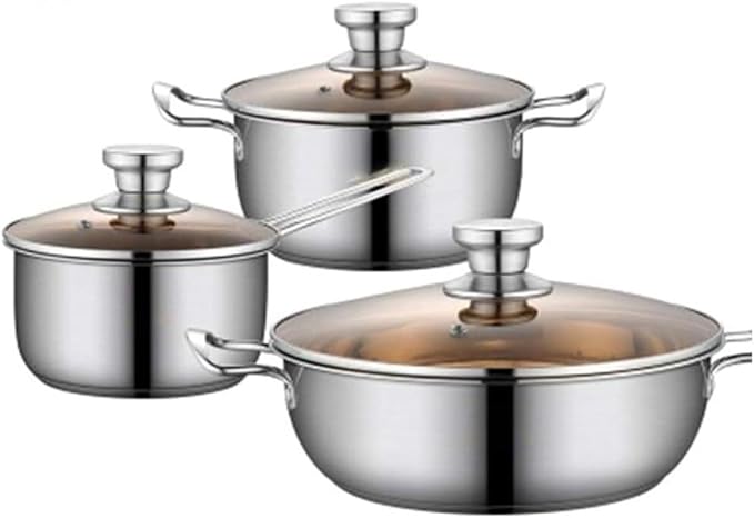 RUVOO Cookware Set Pots and Pans 3Pcs Cookware Set Frying Pan Soup Pot Milk Pot with Glass Lid Stainless Steel Cooking Pot Set Kitchen Kitchen Cooking Set