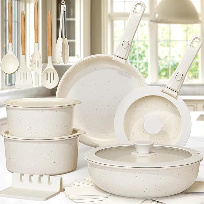 21-Piece Non-Stick Pots and Pans Set Ceramic Coating Cookware with Removable Handle &amp Glass Lids Compatible with All Stovetops Including Induction Oven &amp Fridge Safe Milky White