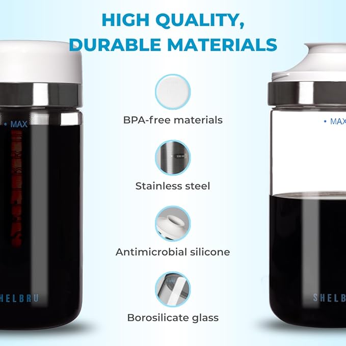 Cold Brew Coffee Maker Set (Brewer &amp Carafe) Up to 12 Servings of Concentrate Reusable Stainless Steel Dual Filter Durable Borosilicate Glass &amp Spill-Proof Pouring Spout 16.9 fl oz / 500ml