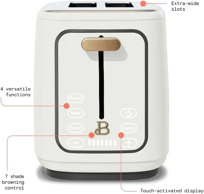 Smart Kitchen Toaster with Touch Interface and Preset Modes Advanced Two-Slice Toaster with Wide Slots and 7 Browning Levels (White Icing)