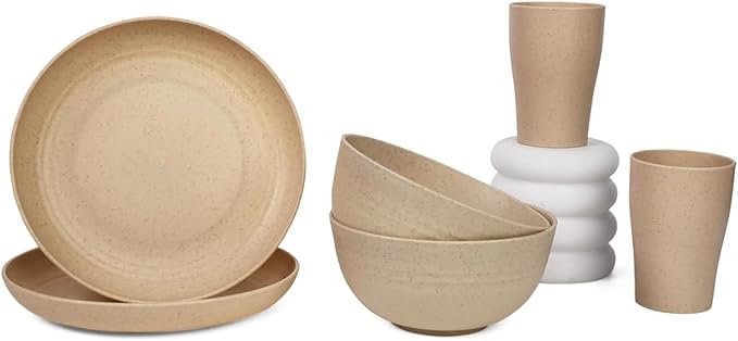 Planet Friendly Dinnerware Set Wheat Straw Lightweight Unbreakable Plates Bowls and Cups Microwave Safe 6 Pieces Soft Beige (Planet Friendly Dinnerware Sets)