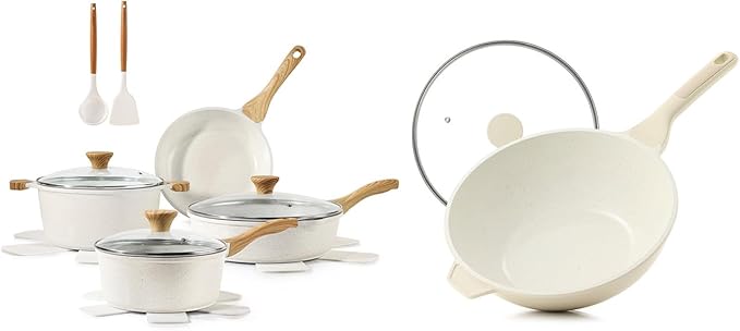 SENSARTE 14 Piece Ceramic Nonstick Cookware Set includes 4.5 Quart Ceramic Nonstick Wok Pan with Lid
