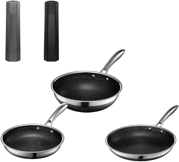HexClad Hybrid Nonstick 5-Piece Cookware Set 8 Pan 10 Pan 10 Wok and Salt and Pepper Grinder Set