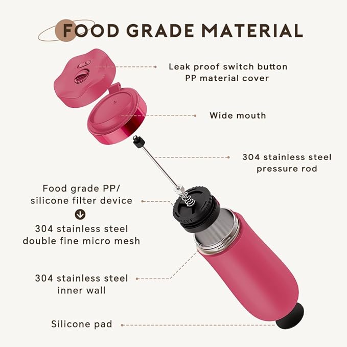 BENFUCHEN Travel Coffee Press Vacuum Insulated Portable French Press Stainless Steel Portable Coffee Maker/Tea Press 12oz Rose Red