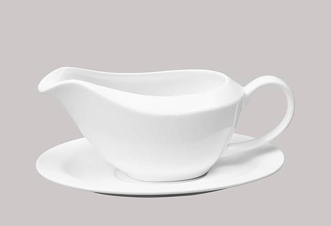 Bone China Coupe Shape Elegance White Gravy Boat With Saucer Set
