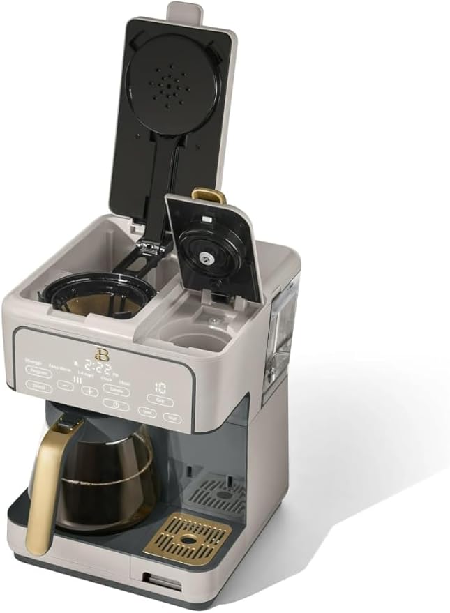 Beautiful Multi-Brew Commercial-Grade 12-Cup &amp Single-Serve Coffee Maker with Over Ice Option for Business and Personal Use by Drew Barrymore (Porcini Taupe)