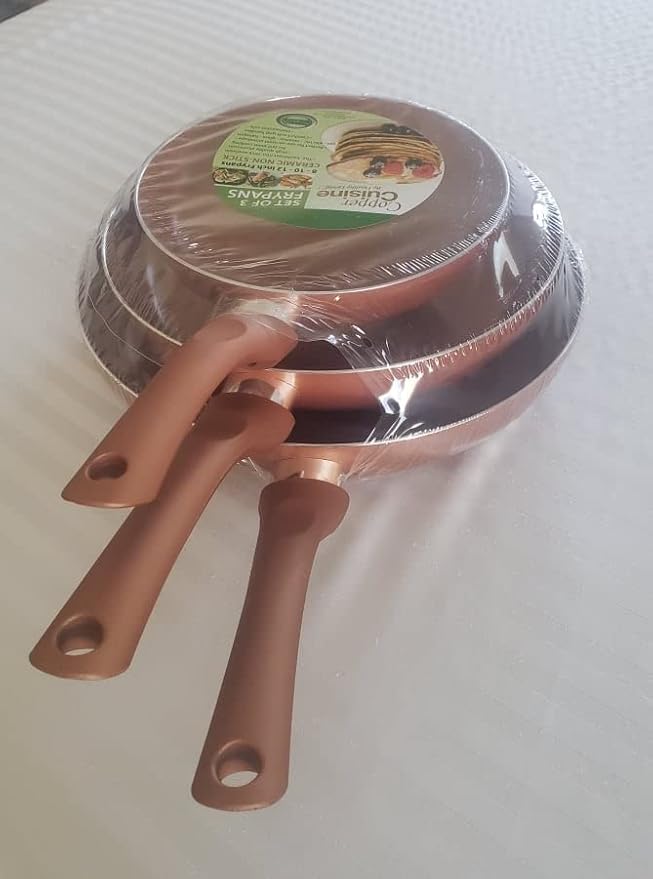 Copper Cuisine by Healthy Living Skillets. 3-piece nonstick cookware set includes 8-inch 10-inch and 12-inch skillets