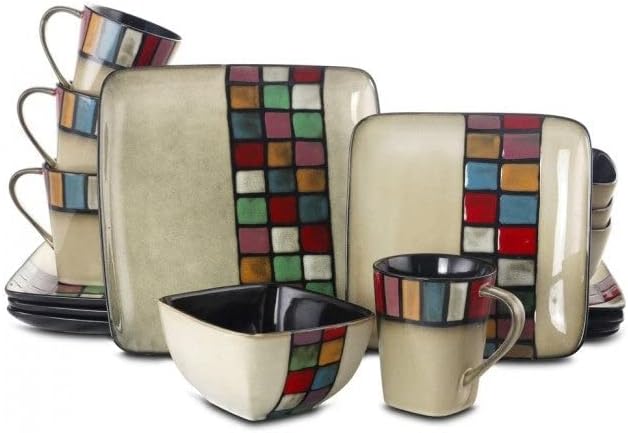 Color 16 Piece Stoneware Dinnerware Set with Complete Service for 4 Beige Black Blue Off/White Orange Red Tan White Geometric Textured Casual Country Modern Contemporary