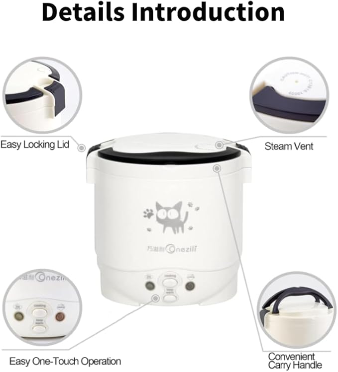 1L Mini Rice Cooker 12V Electric Lunch Box Multifunctional Portable Non Stick Pot White for Car Travel Camping