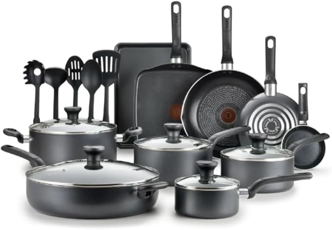 T-fal Easy Care Nonstick Cookware 20 Piece Set Grey Dishwasher Safe pots and pans non stick cooking pot Gray United States New