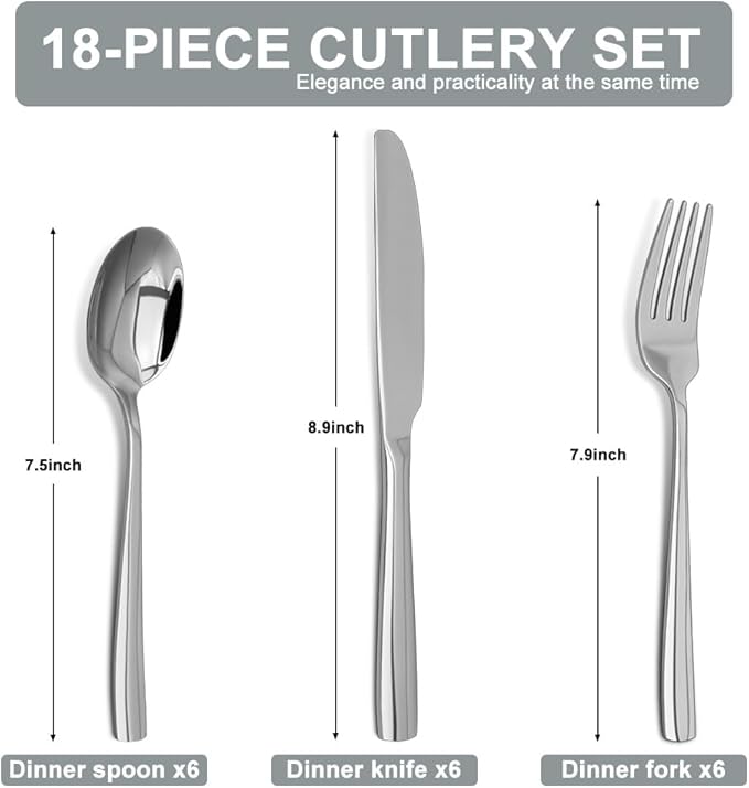 Silverware Set18/10 Stainless Steel 18Piece Silverware Set For 6With Dinner Knives Spoon Forks Set for Home Kitchen and Restaurant Mirror Polished&amp Dishwasher Safe