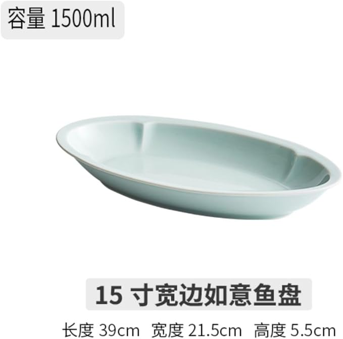 Thcbme 景德镇中式新款款陶瓷创意椭圆超大鱼盘菜盘深盘酒店餐厅餐具/Ceramic Dinnerware SetsPlates and Bowls/15寸宽边如意鱼盘