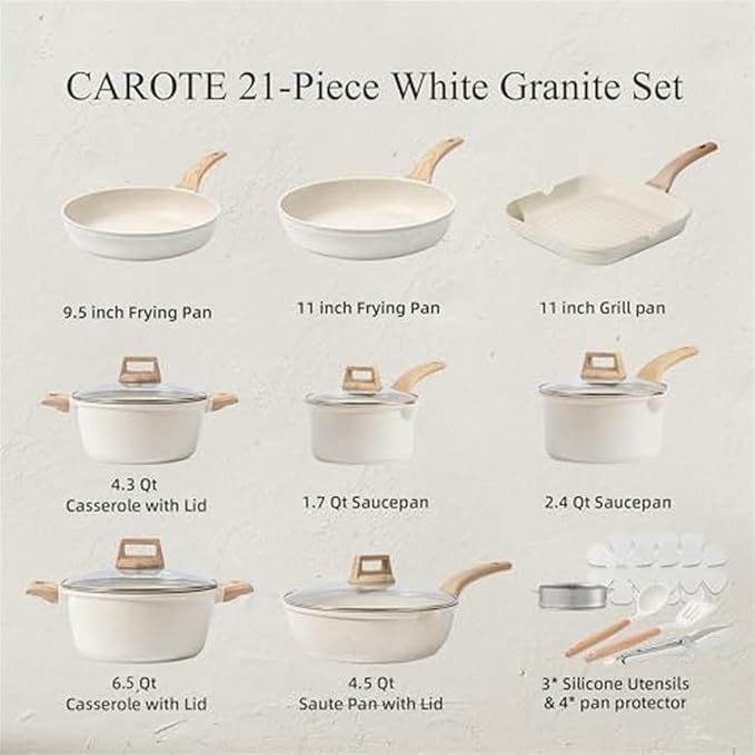 21 Piece Granite Nonstick Cookware Set Kitchen Pots Pans Utensils White Aluminum Easy CleanA21 Pc